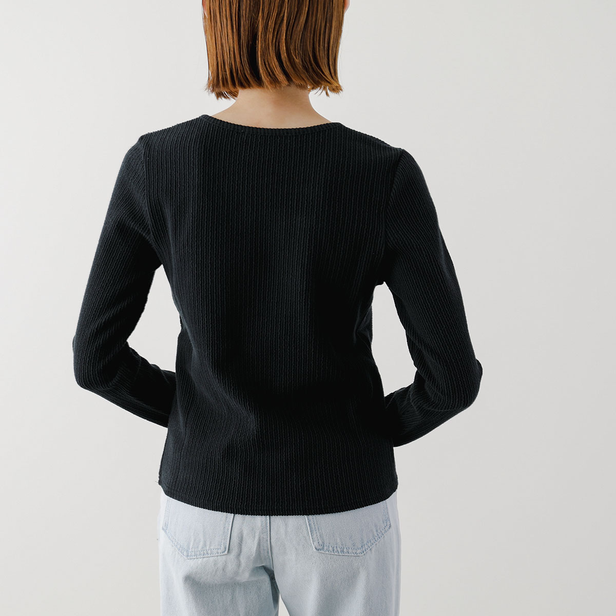 UN-SOPHIE アンソフィー カットソー Frill stripe square neck tops UNG2408202 レディース スクエアネック リブ 長袖 BLACK