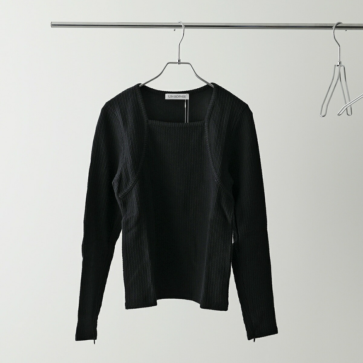 UN-SOPHIE アンソフィー カットソー Frill stripe square neck tops UNG2408202 レディース スクエアネック リブ 長袖 BLACK