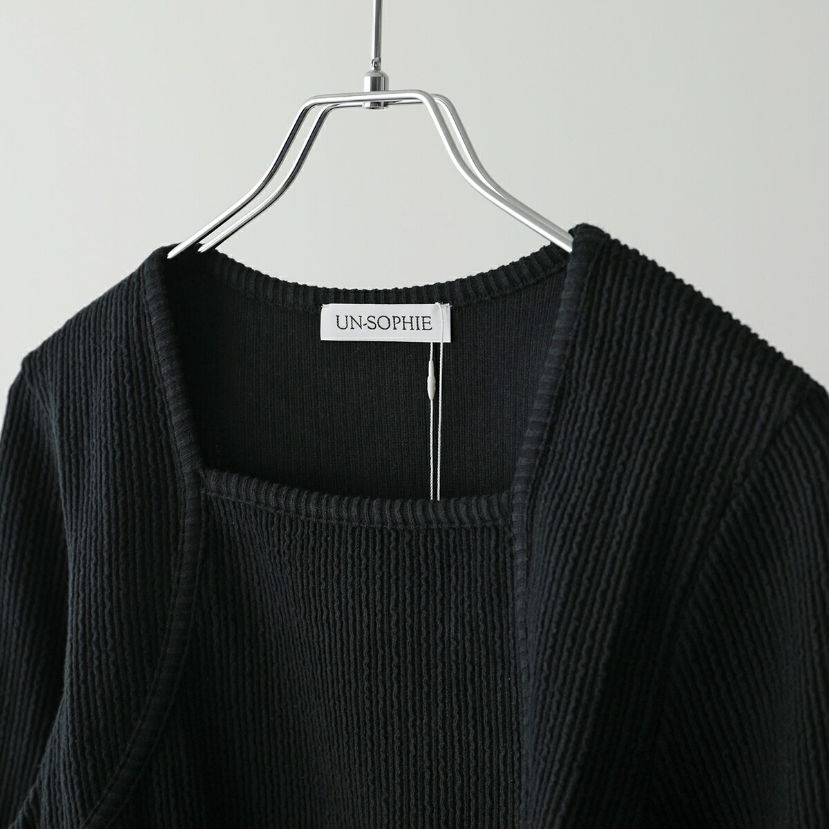 UN-SOPHIE アンソフィー カットソー Frill stripe square neck tops UNG2408202 レディース スクエアネック リブ 長袖 BLACK