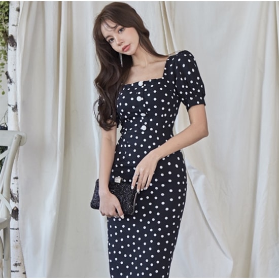 【取寄：納期2週間】半袖ワンピース 大きいサイズ XL スクエアネック レトロ パフスリーブ ドット柄 半袖