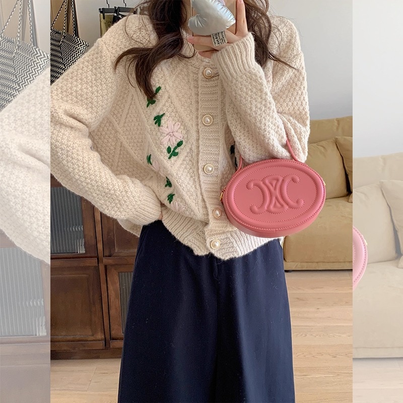 トップス 白トップス 長袖 ドロップショルダー 萌袖 ラウンドネック 襟なし ストレート 刺繍 花柄刺繍 パールボタン 前開き ニット かわいい 大人可愛い カジュアル おしゃれ お洒落 レトロ