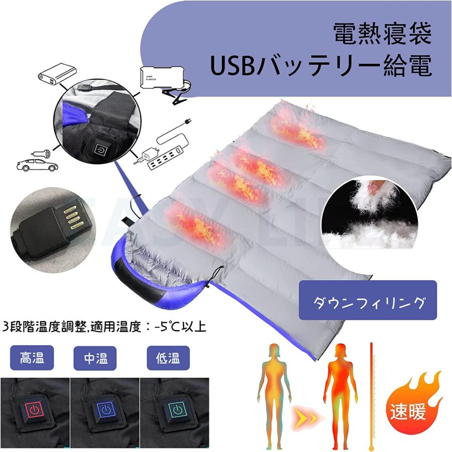 新作 寝袋 冬用 最強 電熱寝袋 封筒型 シュラフ USBバッテリー給電 3段階温度調整 4つヒーター内蔵 軽量 210T防水 丸洗い可能 シュラフ収納袋付き キャンプ 防災 バッテリー別売り