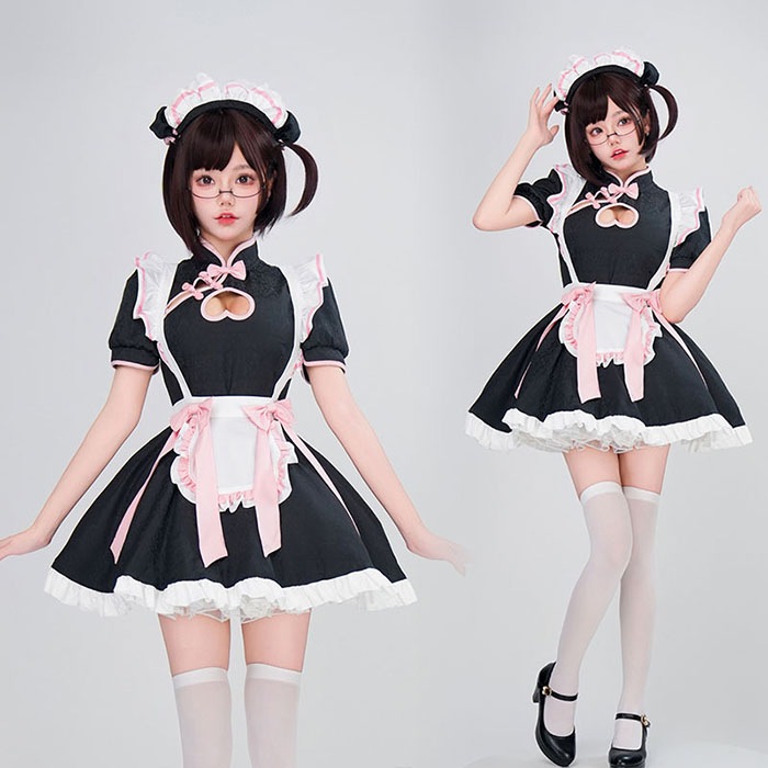 メイド服 ロリータ ハロウイン衣装 コスプレ ワンピース 中華風 ロリータドレス ウェイトレス レディース 半袖 チャイナドレス 可愛い セクシー コスプレ衣装 Lolita服 カチューシャ付き ハロ