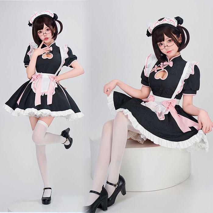 メイド服 ロリータ ハロウイン衣装 コスプレ ワンピース 中華風 ロリータドレス ウェイトレス レディース 半袖 チャイナドレス 可愛い セクシー コスプレ衣装 Lolita服 カチューシャ付き ハロ