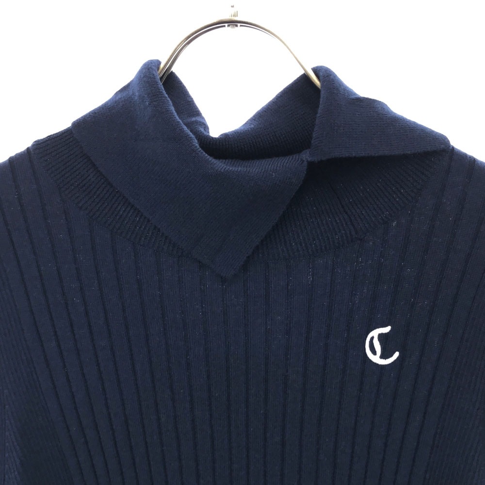 未使用 ウールブレンド ロゴ刺繍 ゴルフ 長袖 切り込みタートルネック セーター L ネイビー ニット タグ付き レディース