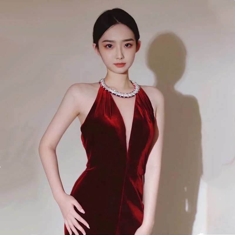 ワインレッド高級感バックレスフィッシュテール体型カバー着痩せドレスワンピース上品な拔け感イブニングドレス気質結婚式ドレス乾杯服でドレスワンピース結婚式お呼ばれホワイトドレス