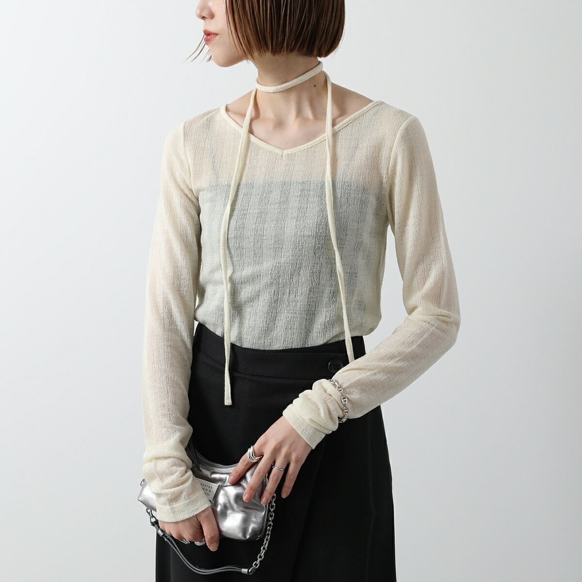 oll オール シアーニット sheer wool long sleeve with tie 450-05009 レディース 長袖 Vネック タイ セット カラ】 【mega】 oll オール シアーニット sheer wool long sleeve with tie 450-05009 レディース 長袖 Vネック タイ セット カラ】 【mega】