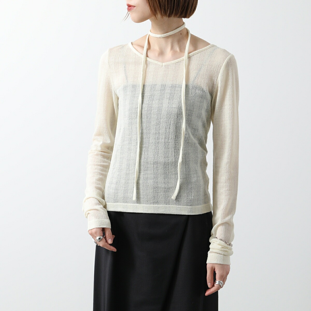 oll オール シアーニット sheer wool long sleeve with tie 450-05009 レディース 長袖 Vネック タイ セット カラ】 【mega】 oll オール シアーニット sheer wool long sleeve with tie 450-05009 レディース 長袖 Vネック タイ セット カラ】 【mega】