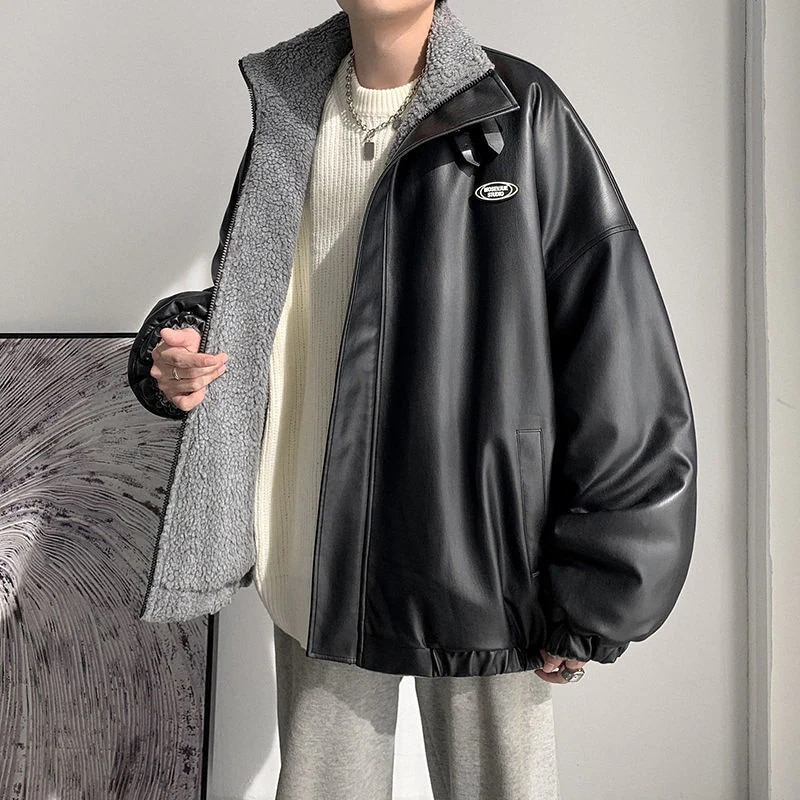 裏起毛 厚手 アウター メンズ ゆったり 両面着用 綿服 ラムズフリース PU 皮ジャンパト 綿入れ 中綿コート