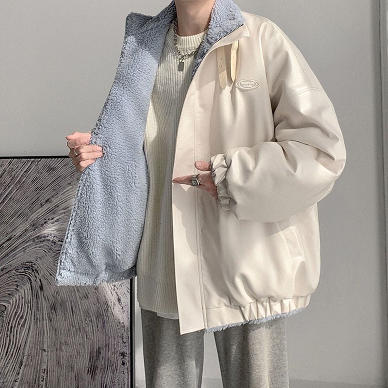 裏起毛 厚手 アウター メンズ ゆったり 両面着用 綿服 ラムズフリース PU 皮ジャンパト 綿入れ 中綿コート