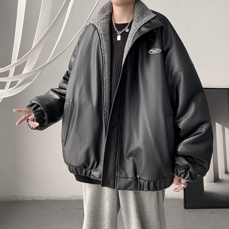 裏起毛 厚手 アウター メンズ ゆったり 両面着用 綿服 ラムズフリース PU 皮ジャンパト 綿入れ 中綿コート