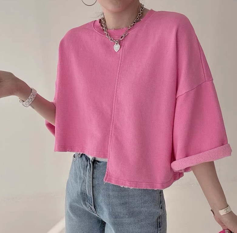 レディース トップス Tシャツ ショート丈 7分袖 袖あり ラウンドネック 襟なし アシンメトリー かわいい 大人可愛い シンプル カジュアル おしゃれ かっこいい ルーズ 個性的 ナチュラル 無地