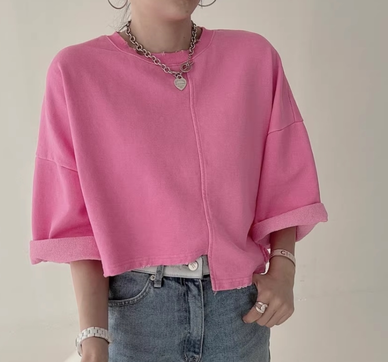 レディース トップス Tシャツ ショート丈 7分袖 袖あり ラウンドネック 襟なし アシンメトリー かわいい 大人可愛い シンプル カジュアル おしゃれ かっこいい ルーズ 個性的 ナチュラル 無地