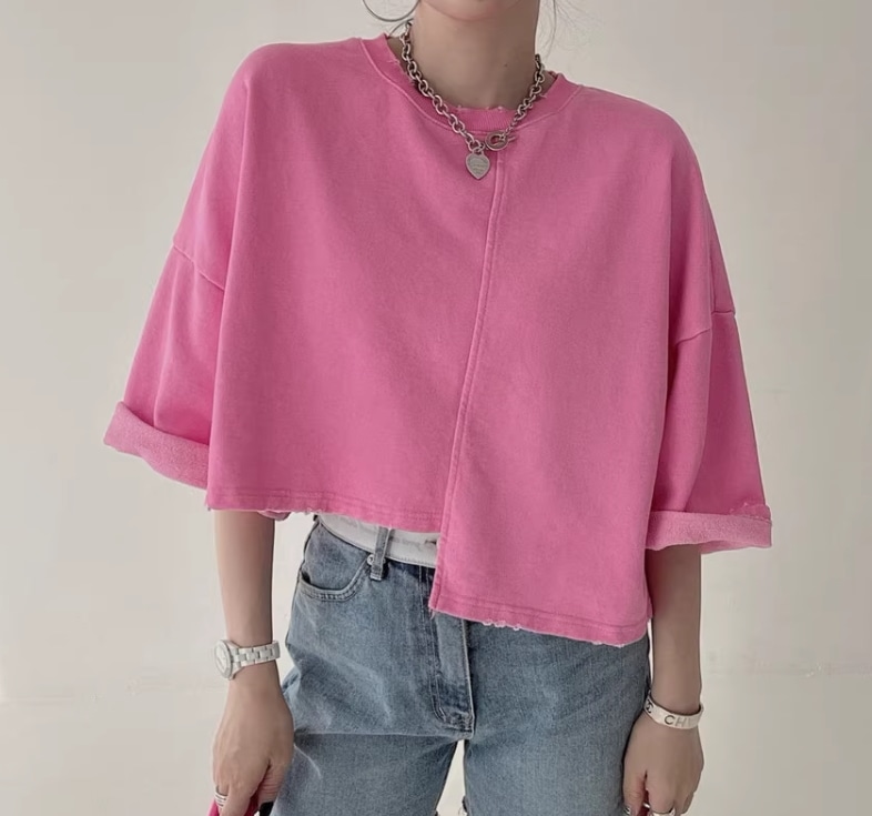 レディース トップス Tシャツ ショート丈 7分袖 袖あり ラウンドネック 襟なし アシンメトリー かわいい 大人可愛い シンプル カジュアル おしゃれ かっこいい ルーズ 個性的 ナチュラル 無地