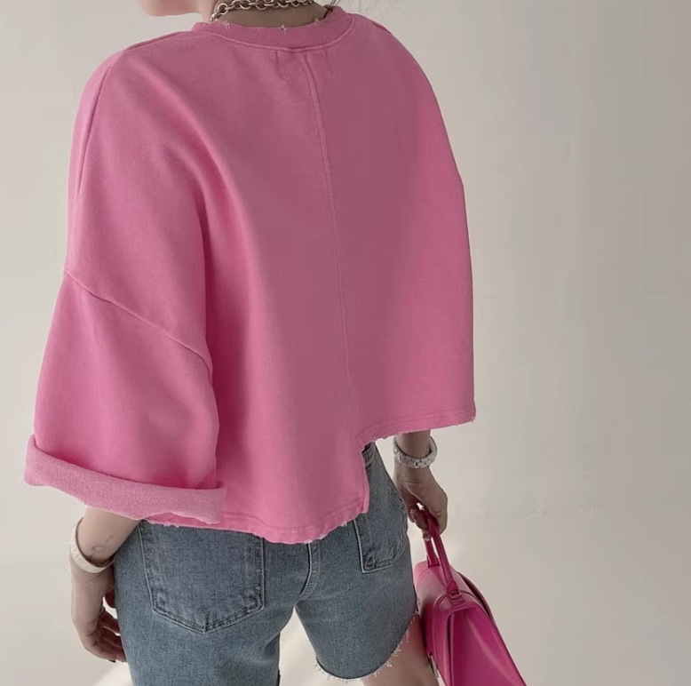 レディース トップス Tシャツ ショート丈 7分袖 袖あり ラウンドネック 襟なし アシンメトリー かわいい 大人可愛い シンプル カジュアル おしゃれ かっこいい ルーズ 個性的 ナチュラル 無地