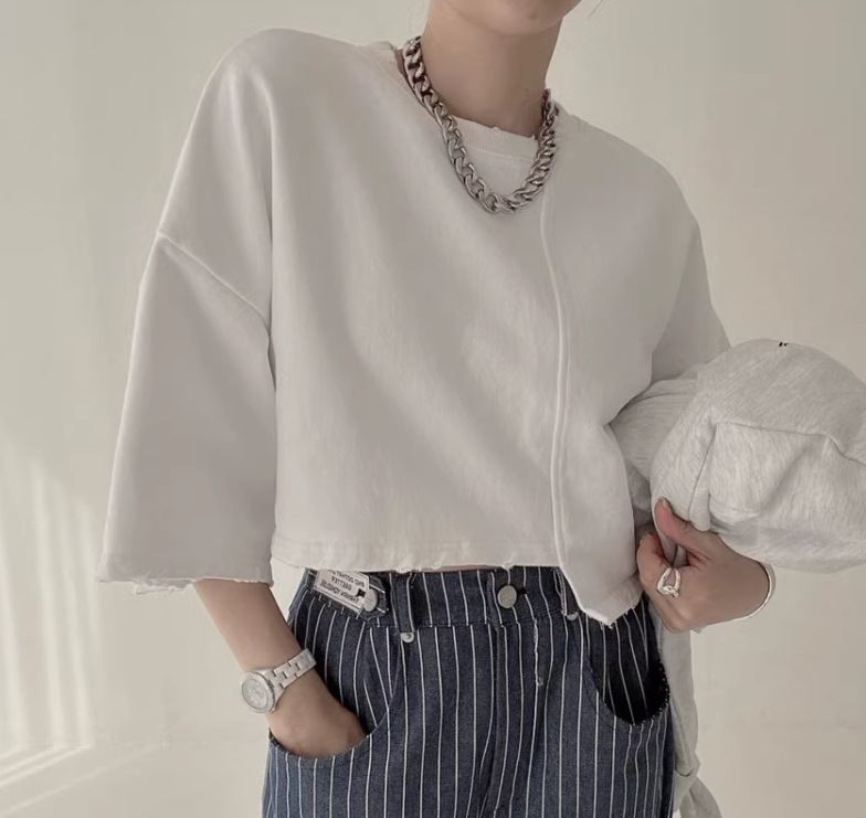 レディース トップス Tシャツ ショート丈 7分袖 袖あり ラウンドネック 襟なし アシンメトリー かわいい 大人可愛い シンプル カジュアル おしゃれ かっこいい ルーズ 個性的 ナチュラル 無地