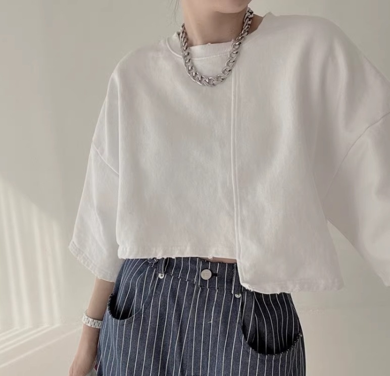 レディース トップス Tシャツ ショート丈 7分袖 袖あり ラウンドネック 襟なし アシンメトリー かわいい 大人可愛い シンプル カジュアル おしゃれ かっこいい ルーズ 個性的 ナチュラル 無地