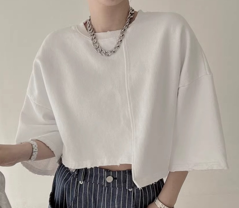 レディース トップス Tシャツ ショート丈 7分袖 袖あり ラウンドネック 襟なし アシンメトリー かわいい 大人可愛い シンプル カジュアル おしゃれ かっこいい ルーズ 個性的 ナチュラル 無地