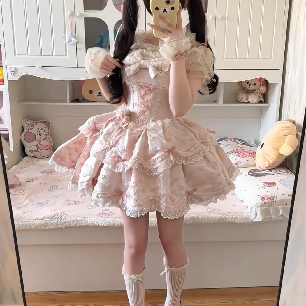 Lolita繁花序曲ピンク短いバレエjskスカートロリータdoプリンセススカート Lolita繁花序曲ピンク短いバレエjskスカートロリータdoプリンセススカート