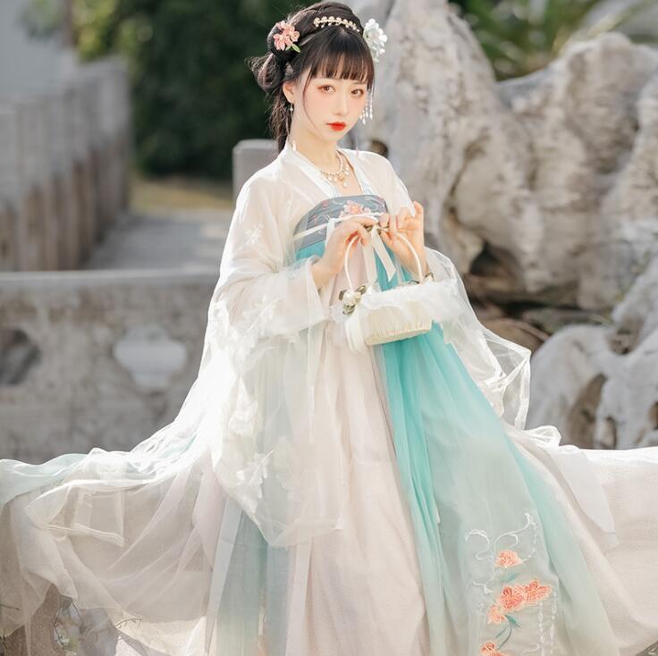 漢服 華流衣装 中華古代服 中華服 チャイナ服 中華 チャイナ 花柄刺繍 唐装 古典美人服 舞台衣装 ステージ衣装 グラデーション チャイナドレス イベント 仮装 コスチューム 写真撮影 振袖 華や