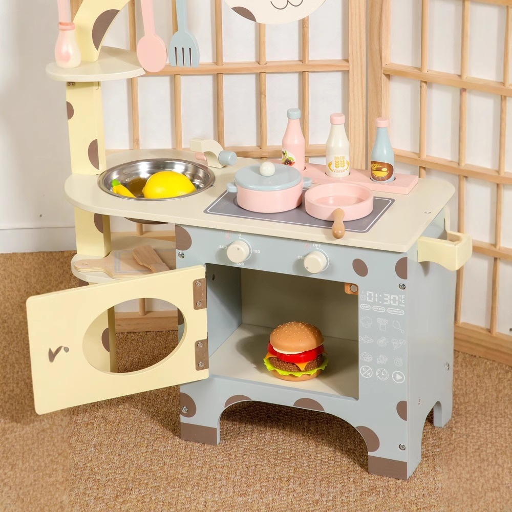 【急速出荷!】大サイズの木製冷蔵庫キッチンダイニングキッチンキッチンウェアストーブ男の子と女の子キリンプレイハウス木製おもちゃセット