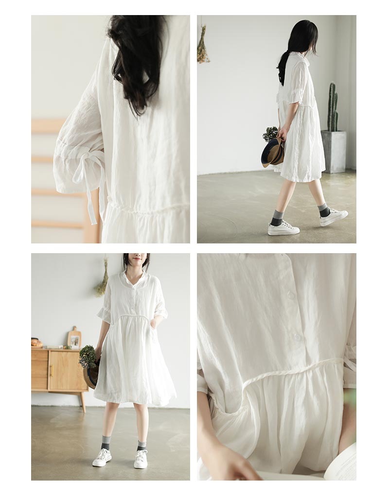 リネンワンピース 夏 五分袖 レディース リネンワンピ リネン ワンピース 麻 麻生地 膝丈ワンピース 夏ワンピース 膝丈ワンピース ミディアム丈ワンピース 春夏 ナチュラル フレア裾 バンドカラー