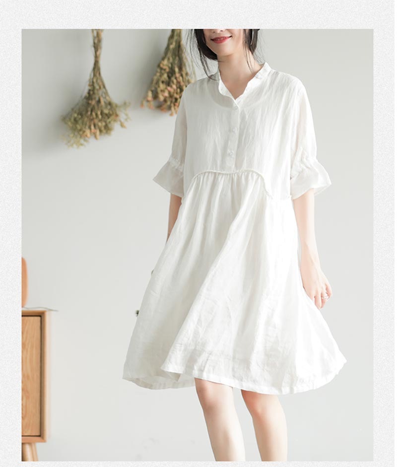 リネンワンピース 夏 五分袖 レディース リネンワンピ リネン ワンピース 麻 麻生地 膝丈ワンピース 夏ワンピース 膝丈ワンピース ミディアム丈ワンピース 春夏 ナチュラル フレア裾 バンドカラー