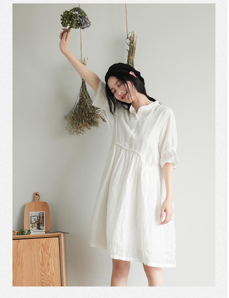リネンワンピース 夏 五分袖 レディース リネンワンピ リネン ワンピース 麻 麻生地 膝丈ワンピース 夏ワンピース 膝丈ワンピース ミディアム丈ワンピース 春夏 ナチュラル フレア裾 バンドカラー