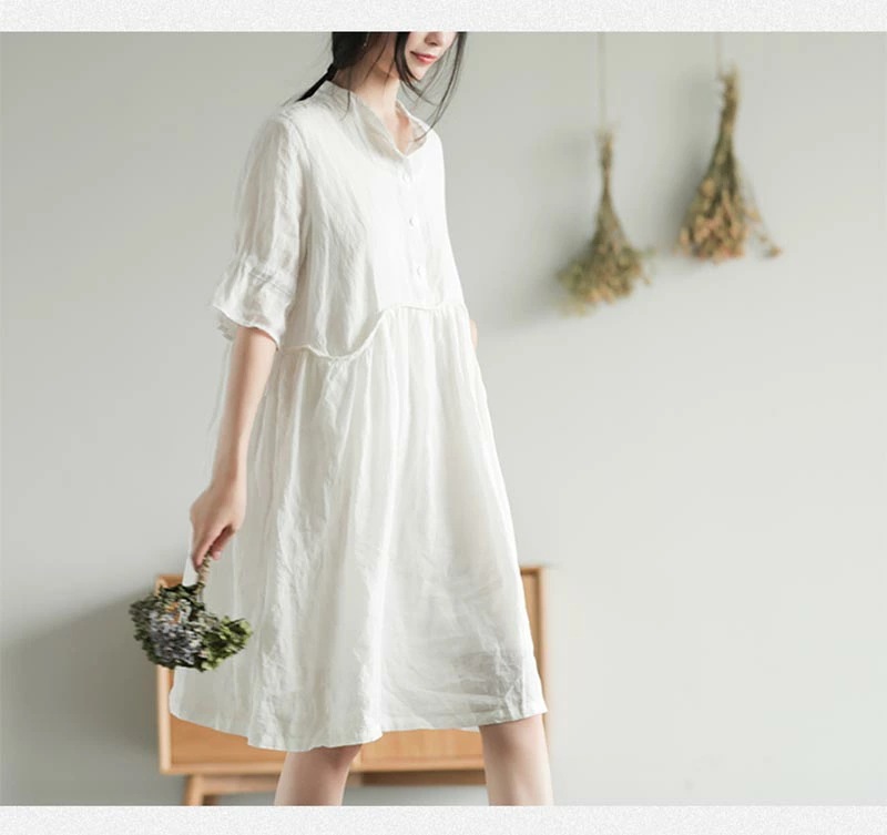 リネンワンピース 夏 五分袖 レディース リネンワンピ リネン ワンピース 麻 麻生地 膝丈ワンピース 夏ワンピース 膝丈ワンピース ミディアム丈ワンピース 春夏 ナチュラル フレア裾 バンドカラー