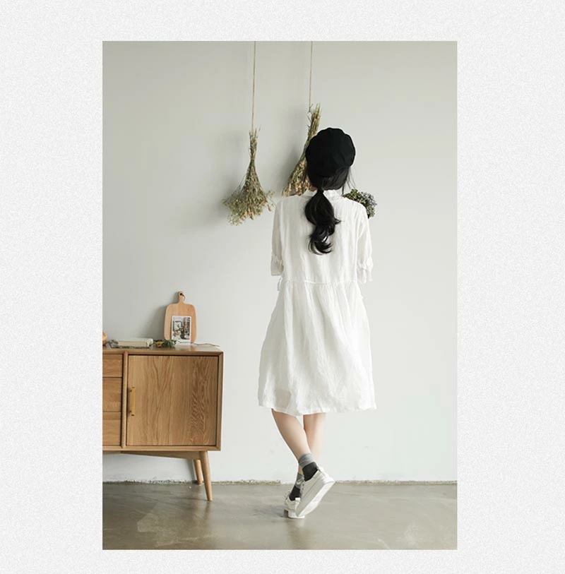 リネンワンピース 夏 五分袖 レディース リネンワンピ リネン ワンピース 麻 麻生地 膝丈ワンピース 夏ワンピース 膝丈ワンピース ミディアム丈ワンピース 春夏 ナチュラル フレア裾 バンドカラー