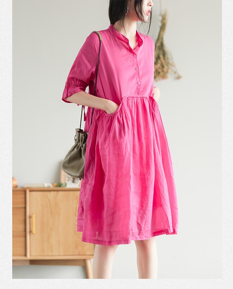 リネンワンピース 夏 五分袖 レディース リネンワンピ リネン ワンピース 麻 麻生地 膝丈ワンピース 夏ワンピース 膝丈ワンピース ミディアム丈ワンピース 春夏 ナチュラル フレア裾 バンドカラー
