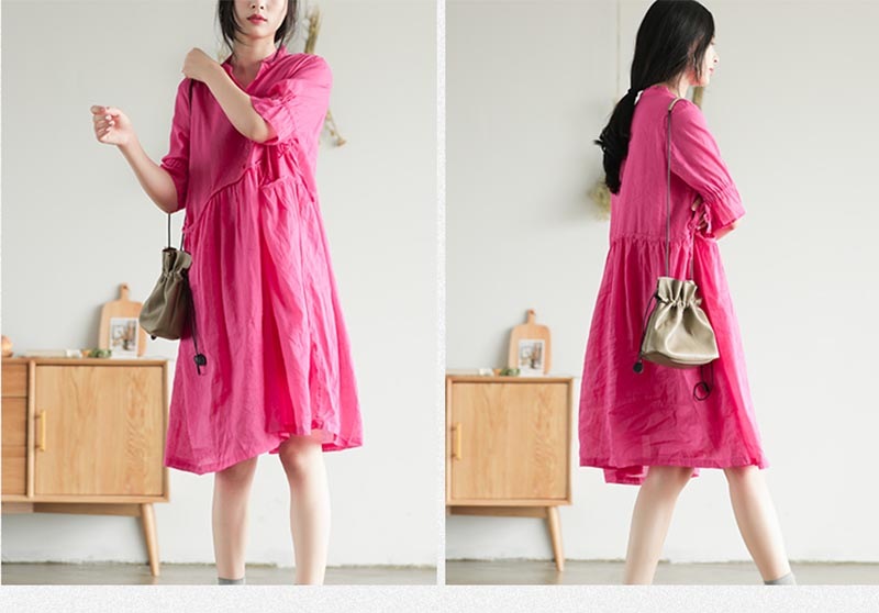 リネンワンピース 夏 五分袖 レディース リネンワンピ リネン ワンピース 麻 麻生地 膝丈ワンピース 夏ワンピース 膝丈ワンピース ミディアム丈ワンピース 春夏 ナチュラル フレア裾 バンドカラー