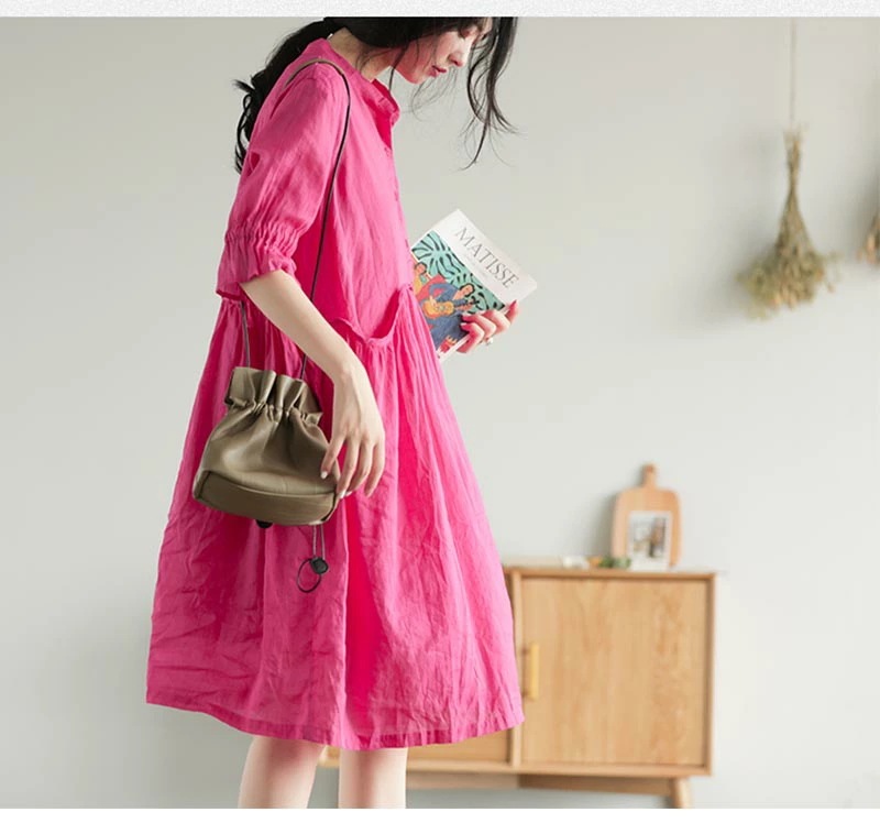 リネンワンピース 夏 五分袖 レディース リネンワンピ リネン ワンピース 麻 麻生地 膝丈ワンピース 夏ワンピース 膝丈ワンピース ミディアム丈ワンピース 春夏 ナチュラル フレア裾 バンドカラー