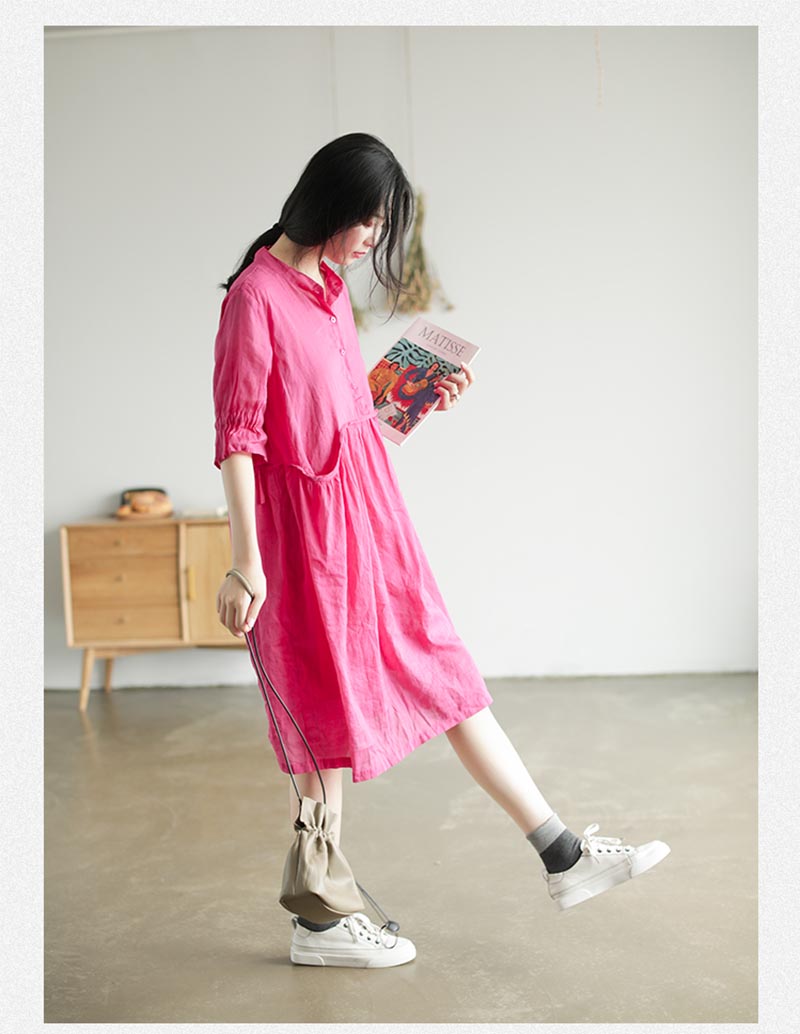 リネンワンピース 夏 五分袖 レディース リネンワンピ リネン ワンピース 麻 麻生地 膝丈ワンピース 夏ワンピース 膝丈ワンピース ミディアム丈ワンピース 春夏 ナチュラル フレア裾 バンドカラー