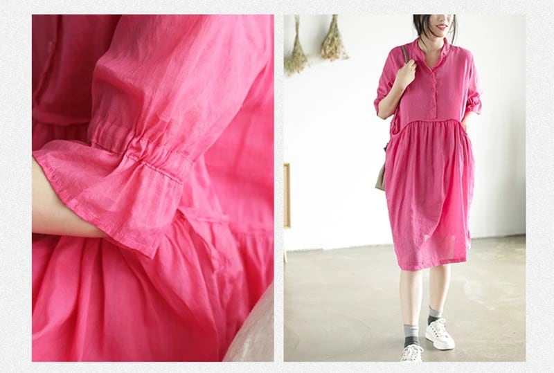 リネンワンピース 夏 五分袖 レディース リネンワンピ リネン ワンピース 麻 麻生地 膝丈ワンピース 夏ワンピース 膝丈ワンピース ミディアム丈ワンピース 春夏 ナチュラル フレア裾 バンドカラー