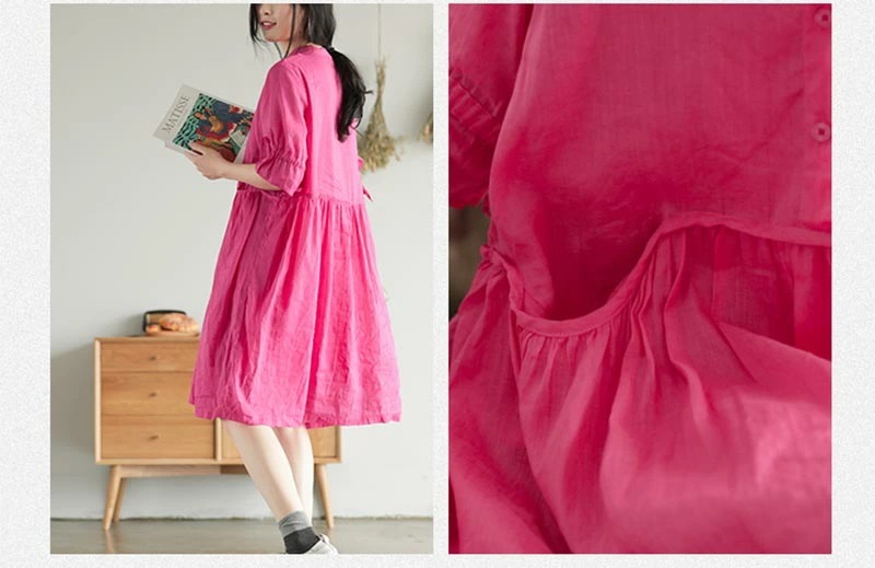 リネンワンピース 夏 五分袖 レディース リネンワンピ リネン ワンピース 麻 麻生地 膝丈ワンピース 夏ワンピース 膝丈ワンピース ミディアム丈ワンピース 春夏 ナチュラル フレア裾 バンドカラー