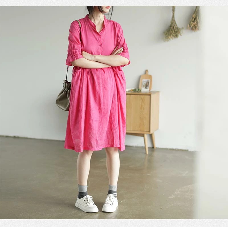 リネンワンピース 夏 五分袖 レディース リネンワンピ リネン ワンピース 麻 麻生地 膝丈ワンピース 夏ワンピース 膝丈ワンピース ミディアム丈ワンピース 春夏 ナチュラル フレア裾 バンドカラー