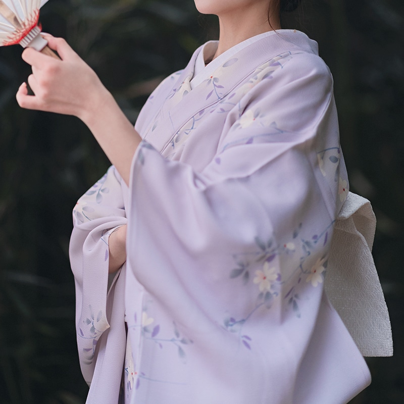やまとり 和風 和風ゆかた レトロ 神娘 改良着物 写真 旅行写真 薄紫 白 花