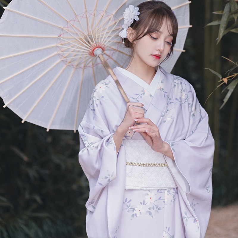 やまとり 和風 和風ゆかた レトロ 神娘 改良着物 写真 旅行写真 薄紫 白 花