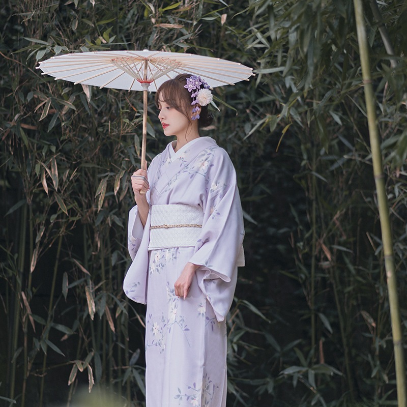 やまとり 和風 和風ゆかた レトロ 神娘 改良着物 写真 旅行写真 薄紫 白 花