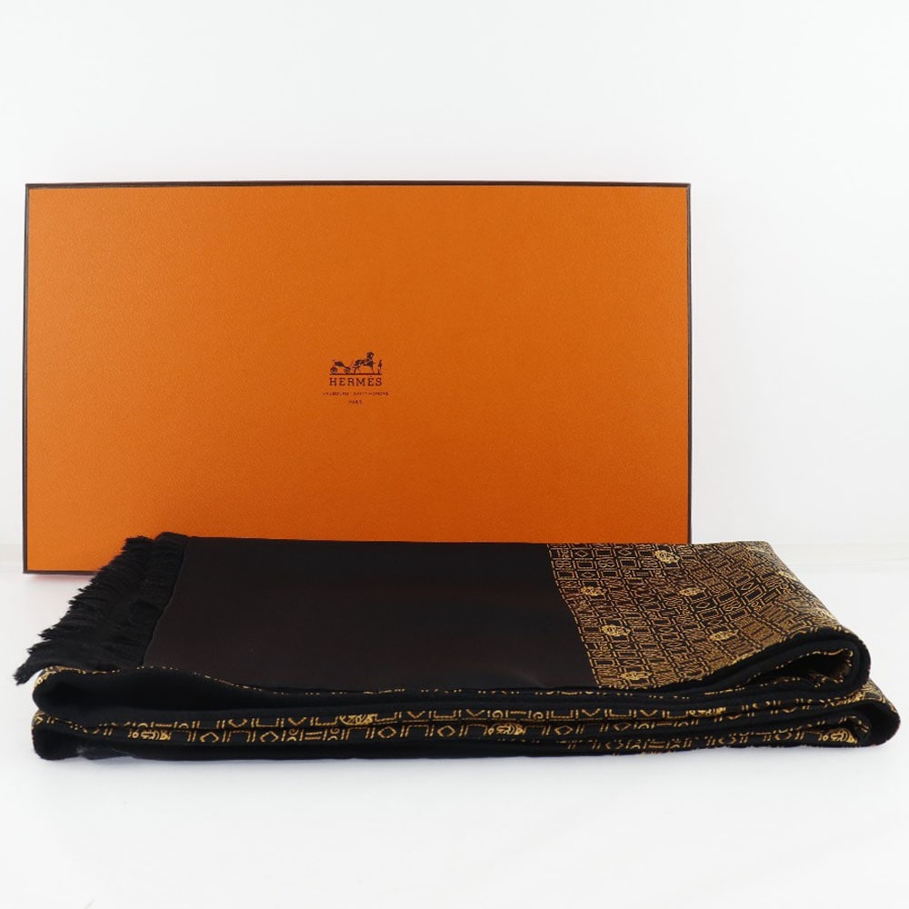 美品　HERMES　エルメス　マフラー　アンゴラ　シルク　ユニセックス Hermesマフラー シルク アンゴラ 黒 ユニセックス 中古品 Aランク