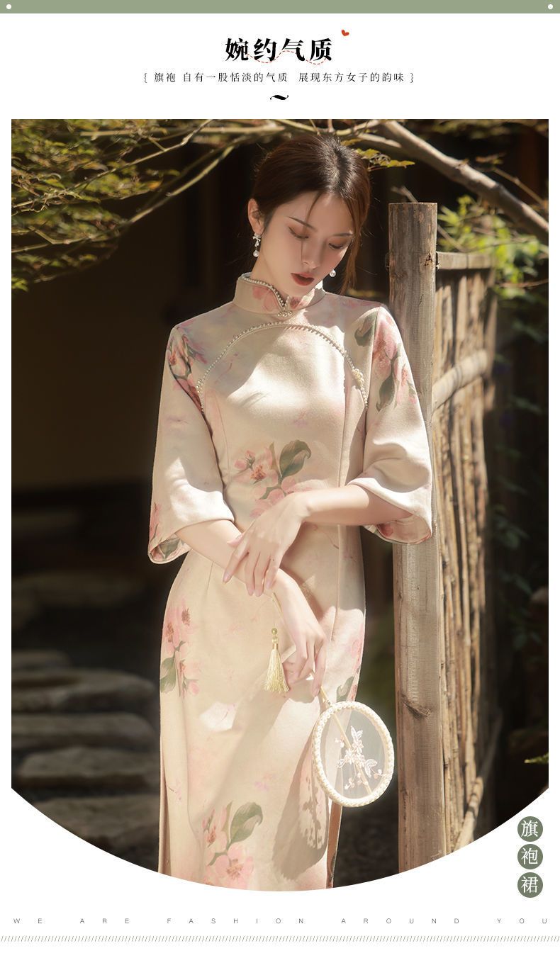 改良されたチャイナドレス2025反転大きな袖スエード若いスタイルの女性の秋スタイルの気質秋冬古代スタイル日常