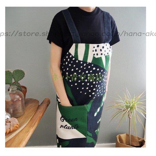 エプロン おしゃれ ワンピース 大きいサイズ オシャレ柄 ボタニカル リーフ 葉っぱ ポケット付き 男女兼用 ゆったり ネイビー ホワイト /[ais22]