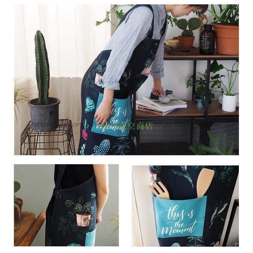 エプロン おしゃれ ワンピース 大きいサイズ オシャレ柄 ボタニカル リーフ 葉っぱ ポケット付き 男女兼用 ゆったり ネイビー ホワイト /[ais22]