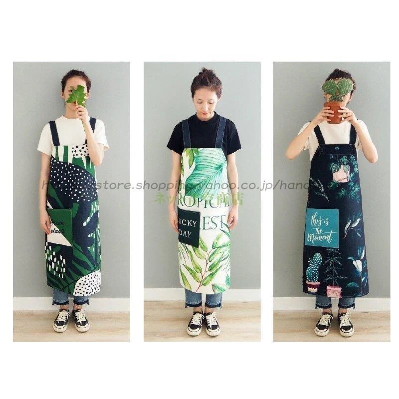 エプロン おしゃれ ワンピース 大きいサイズ オシャレ柄 ボタニカル リーフ 葉っぱ ポケット付き 男女兼用 ゆったり ネイビー ホワイト /[ais22]
