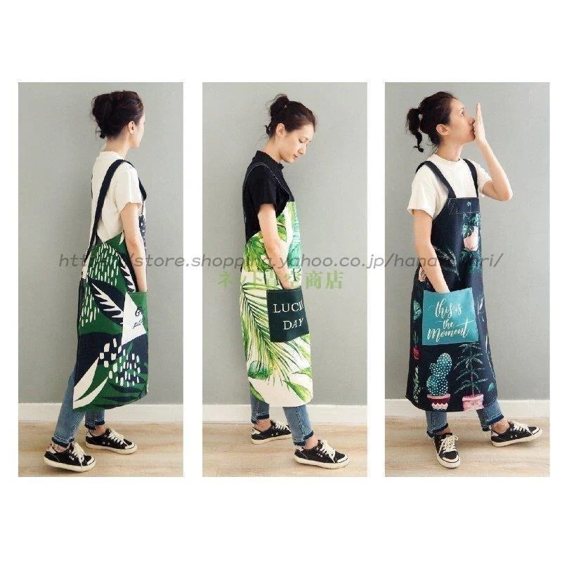 エプロン おしゃれ ワンピース 大きいサイズ オシャレ柄 ボタニカル リーフ 葉っぱ ポケット付き 男女兼用 ゆったり ネイビー ホワイト /[ais22]