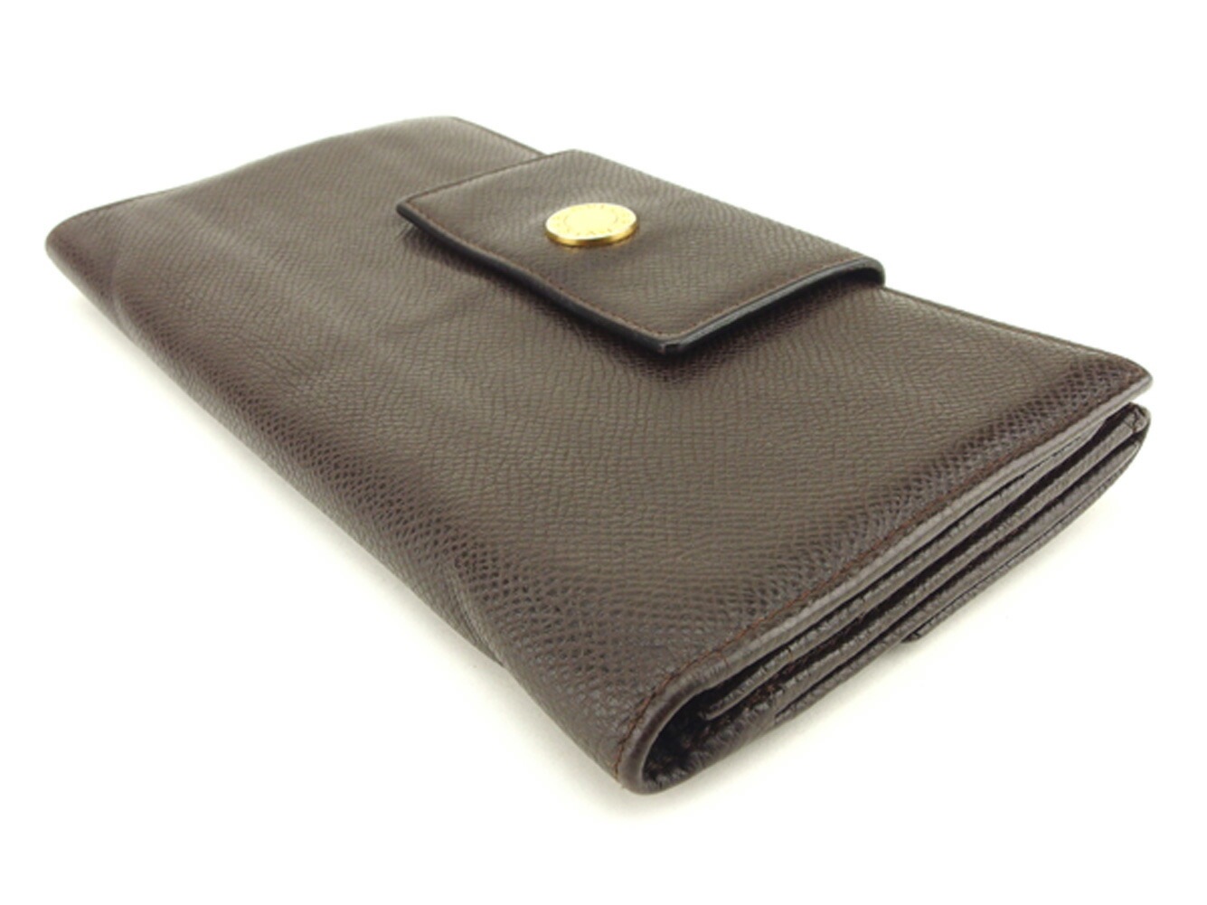 長財布 Wホック 三つ折り 財布 ロゴボタン ブラウン ゴールド 中古