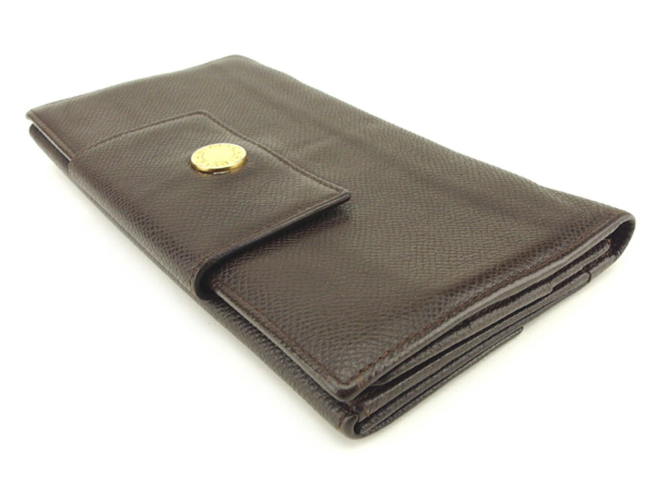 長財布 Wホック 三つ折り 財布 ロゴボタン ブラウン ゴールド 中古