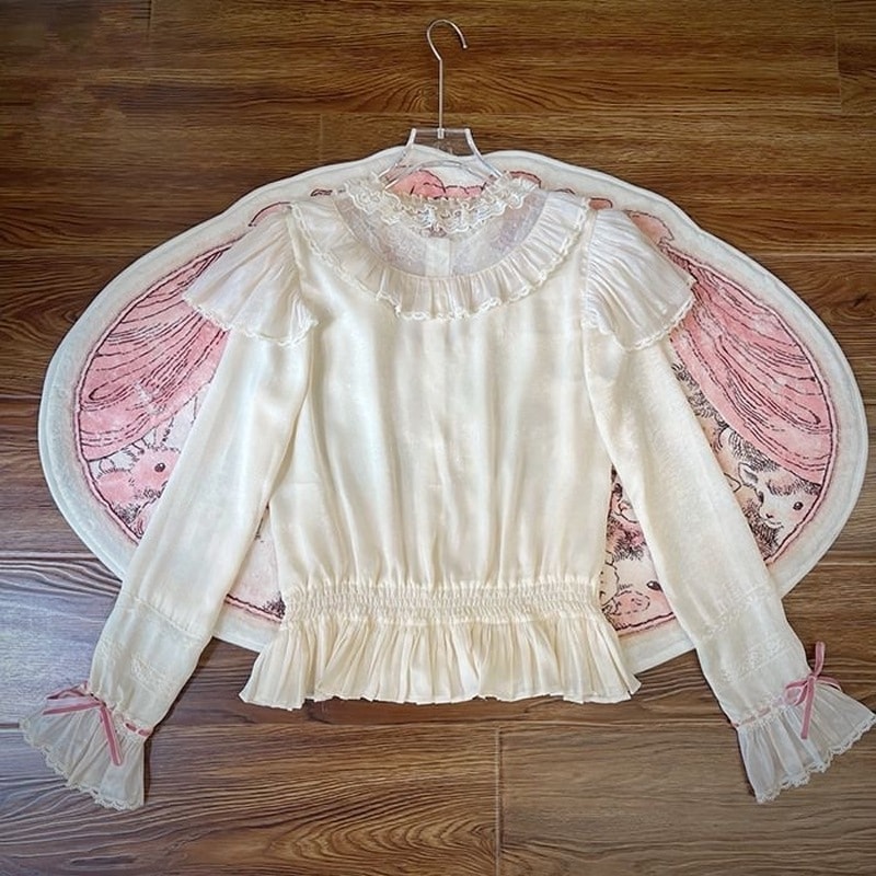 洛丽塔薄款长袖春夏内搭Lolita小熊玩偶定制衬衣立领荷叶边上衣 洛丽塔薄款长袖春夏内搭Lolita小熊玩偶定制衬衣立领荷叶边上衣