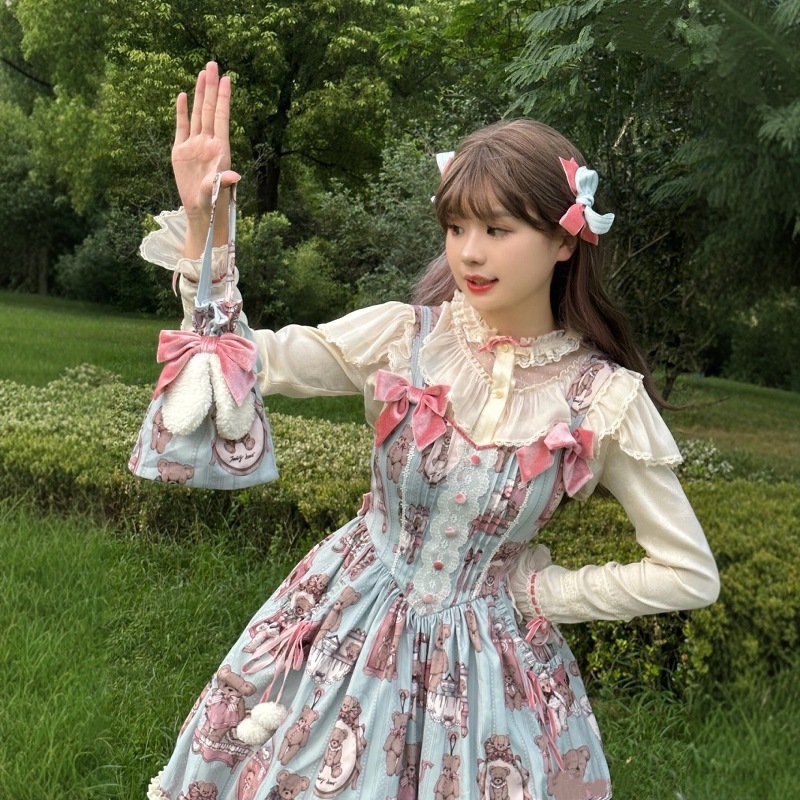 洛丽塔薄款长袖春夏内搭Lolita小熊玩偶定制衬衣立领荷叶边上衣 洛丽塔薄款长袖春夏内搭Lolita小熊玩偶定制衬衣立领荷叶边上衣